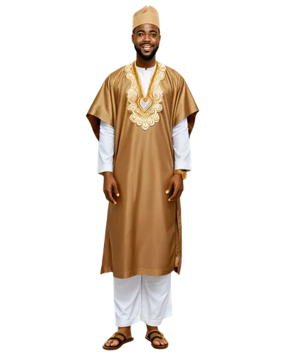 Nigerian man, traditional clothing, Agbada attire, white kaftan, golden embroidery, brown skin tone, strong facial features, thick beard, smiling, standing upright, confident posture, Ankara patterned