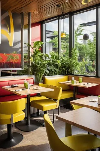 Modern chic McDonald's restaurant interior, sleek wooden tables, comfortable cushioned chairs, bright yellow and red branding colors, large glass windows, natural light pouring in, lush green plants, 