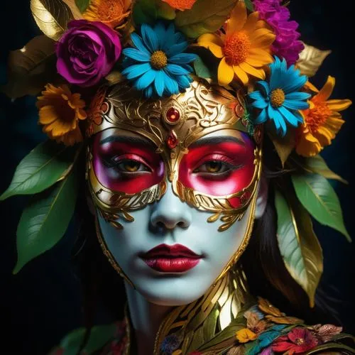 a woman wearing a floral mask with feathers on her head,venetian mask,viveros,masquerade,la catrina,la calavera catrina,body painting,Photography,Artistic Photography,Artistic Photography 08