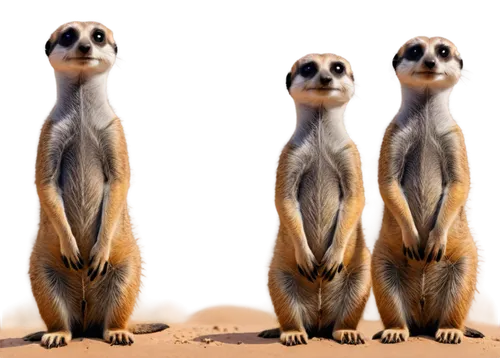 4 meerkats, standing upright, different facial expressions, fluffy fur, brown eyes, tiny noses, white patches on forehead, desert habitat, sandy background, morning sunlight, warm color tone, shallow 