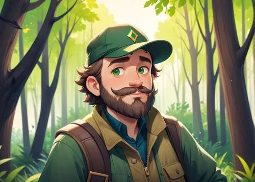 A 50 year old man, he is a forester, he is wearing a cap with a deer logo on it, his beard is greay colored, hes is wearing forester clothes green and brown colored, he has a few rickles on his face,a