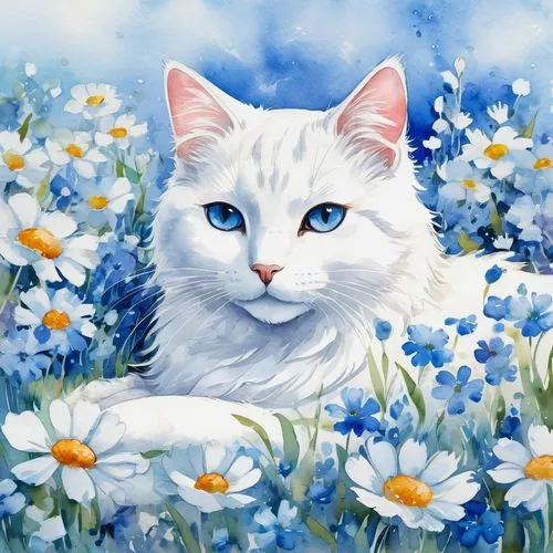 white cat,flower cat,cat on a blue background,blue eyes cat,cat with blue eyes,snowbell,flower background,springtime background,flower animal,blue and white,watercolor cat,spring background,blossom kitten,flower painting,blue white,cute cat,bluestar,blue flower,kittu,jayfeather,Illustration,Paper based,Paper Based 25