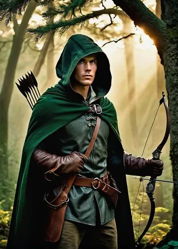 Hooded ranger, strong facial features, determined eyes, sharp jawline, short brown hair, worn leather gloves, quiver on back, longbow, green cloak, fur trim, belt with silver buckle, standing, heroic 