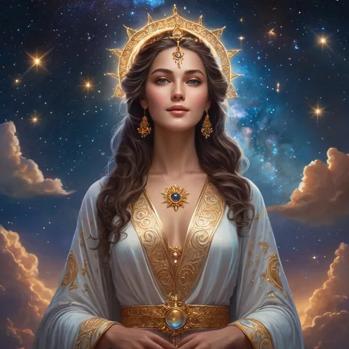 zodiac sign libra,priestess,star mother,artemisia,fantasy portrait,libra,mary-gold,goddess of justice,yogananda,the prophet mary,jaya,golden crown,queen of the night,mantra om,zodiac sign gemini,mystical portrait of a girl,lakshmi,angel,kundalini,zodiac sign leo,Photography,General,Cinematic