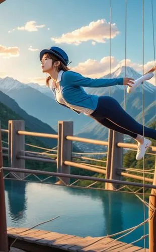 The camera captures a stunning masterpiece of a caucasian girl crafted from delicate fabrics and feathers. She wears a blue top hat and a white leggings as she jumps of a powerful bridge. She stretche