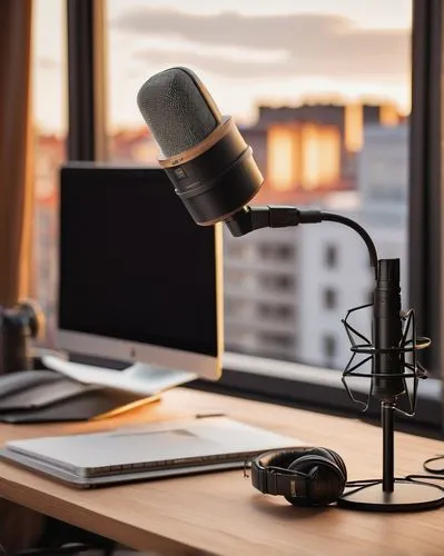 Modern studio, microphone, headphones, laptop, notes, coffee cup, wooden desk, ergonomic chair, soundproofing panels, minimalist decoration, cityscape view, afternoon sunlight, warm tone, shallow dept