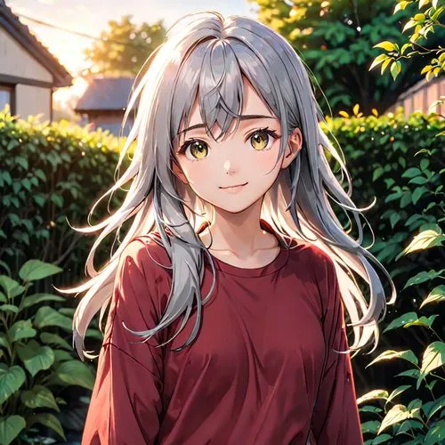 A beautiful young girl with long messy grey hair. She is looking at the camera. A Masterpiece, best quality, relaxing, standing in the yard. wearing oversized red cotton shirt. HD quality, natural loo