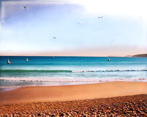 Ocean scene, panoramic view, calm turquoise water, gentle waves, sandy beach, rocky shoreline, seagulls flying overhead, sailing boat in distance, sun shining down, warm lighting, soft focus, shallow 