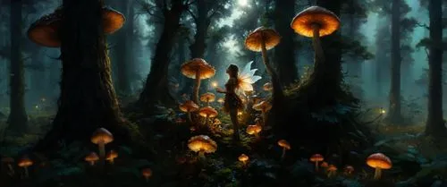 some glowing mushrooms near trees in the dark,mushroom landscape,fairy forest,elven forest,fairy lanterns,forest mushrooms,cartoon forest