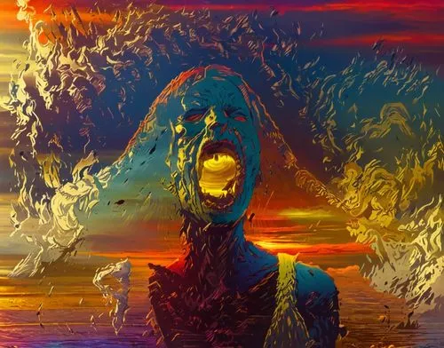 an abstract painting of a person with their mouth open,meditator,samuil,primitive man,singularity,geist,vecna,Illustration,Realistic Fantasy,Realistic Fantasy 25