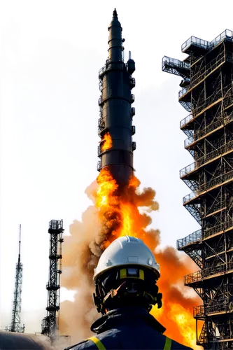 Rocket, launch pad, vertical takeoff, fiery exhaust, smoke trail, intense flames, metallic structure, intricate details, complex pipeline system, control room in background, engineers in uniform, seri