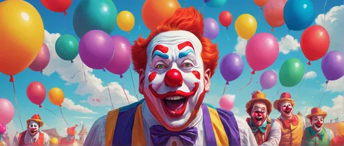 Illustrate a hilarious MrBeast thumbnail with clowns and giant balloons.,clowns,clown,circus,it,ronald,scary clown,creepy clown,circus show,big top,balloon,balloon trip,cirque,syndrome,mcdonald,baloon