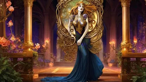 art nouveau background,fantasy art,blue enchantress,priestess,sorceress,queen of the night,fantasy picture,harp with flowers,golden candlestick,harpist,harp player,celtic harp,gold foil mermaid,fantas