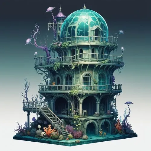 underwater playground,house of the sea,aquarium,mushroom island,floating island,planescape,Illustration,Abstract Fantasy,Abstract Fantasy 11