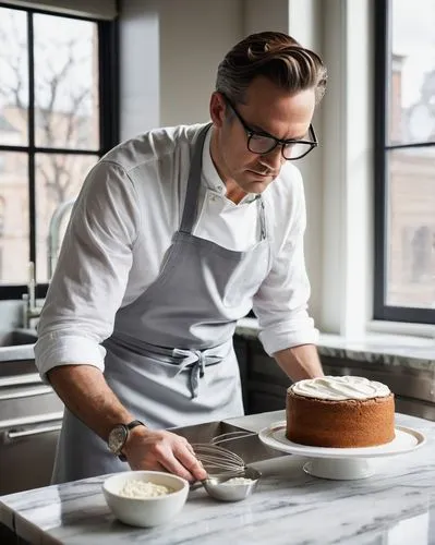 Architectural cake designer, male, 30s, stylish hair, black framed glasses, white apron, mixing bowl, whisk, pastry bag, intricate cake design, modern kitchen, marble countertops, stainless steel appl