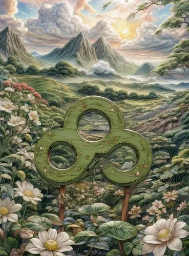 mantra om,mother earth,the order of the fields,anahata,pachamama,green wreath,oil on canvas,sacred lotus,the mystical path,esoteric symbol,clover meadow,triquetra,clover frame,cog,rupees,frame flora,natura,flow of time,the earth,symbol of good luck