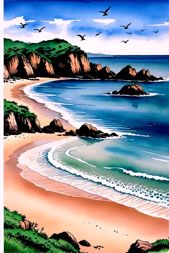 beach landscape,bretagne,coastal landscape,beach scenery,sand coast,mountain beach,carbis bay,seascape,tenby,beautiful beaches,cliff beach,gower,sea landscape,travel poster,dolphin coast,breizh,dream beach,beautiful beach,cornwall,seascapes,Illustration,Paper based,Paper Based 30