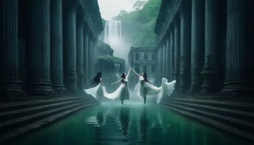 beautiful lady swimming, long hair , white vest in the water, wide view with waterfalls and green forest abanding,three ladies with white dresses, standing in a pool of water,swan lake,fantasy picture