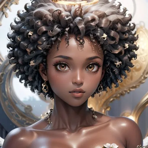 sexy, dark skin, big boobs, Khoudia Diop, big kinky afro hair, nude, inside hotel rool, angel's breath decoration on hair,brown eyes, very dark skin,a black woman with curly hair wearing elaborate jew