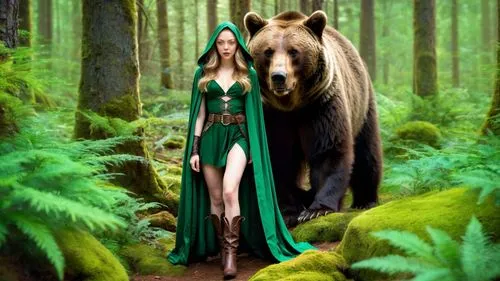 A beautiful fantasy forest and the rest of the bear,a woman in a green dress and a bear walking through the woods,celtic woman,fantasy picture,woodland animals,druid,inkheart,ursa