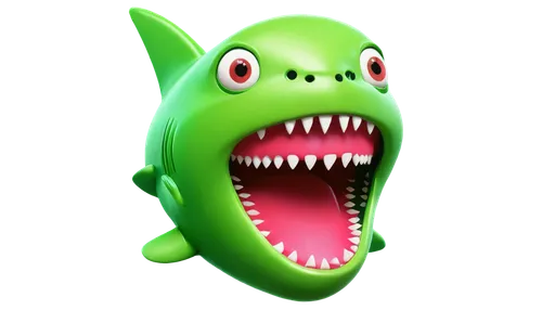 Cartoonish, exaggerated expression, mouth open wide, shark teeth, tongue out, saliva dripping, messy eat, funny face, comical eyes, green skin, scaly texture, 3D cartoon style, vibrant colors, high co