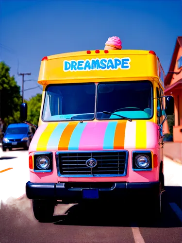 Colorful ice cream truck, vibrant colors, rounded shape, striped pattern, shiny surface, chrome handlebars, cheerful music playing, loudspeaker on roof, smiling face on front, bright headlights, sunny