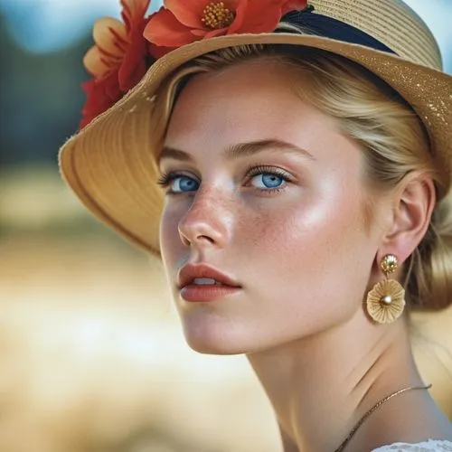 Close-up portrait of a young woman with striking features, displaying a thoughtful or introspective expression. Her face is highlighted by bright blue eyes, red lipstick, and delicate freckles dusting