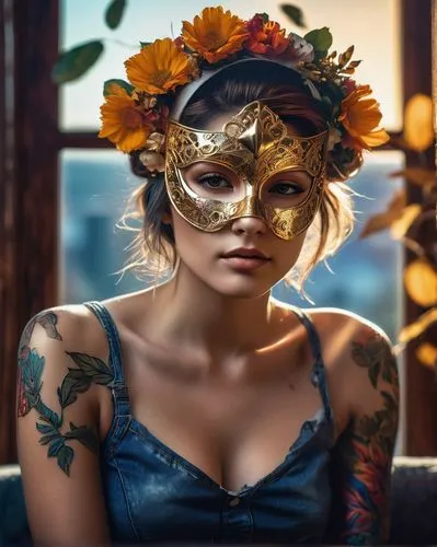 venetian mask,masquerade,gold mask,tattoo girl,fantasy portrait,golden flowers,golden mask,vintage floral,masquerading,boho skull,beautiful girl with flowers,floral wreath,romantic portrait,retro flowers,boho art style,face paint,vintage flowers,girl in a wreath,gold flower,girl in flowers,Photography,Artistic Photography,Artistic Photography 08