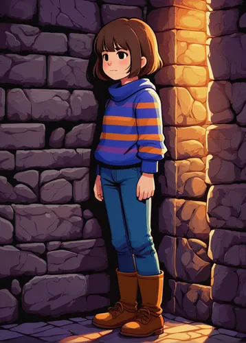 chara,grainau,brick background,adventure game,cellar,meteora,worried girl,cobblestone,chasm,png image,brick wall background,cry stone walls,cobble,wishing well,child girl,she,basement,stone background,ruins,action-adventure game,Illustration,Retro,Retro 07