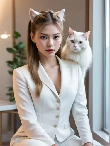 The adorable girl with ponytails and a long white cat tail sits on a grassy hill, surrounded by colorful flowers and greenery, sipping on a bowl of lemonade. She wears a large, fluffy white cat tail t