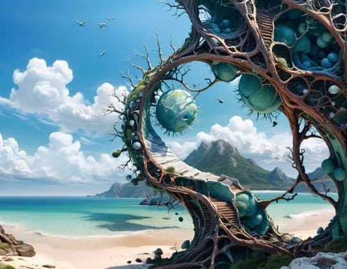 Origin of Life. First cells. DNA. Primitive life forms. Life's architecture unfolding.,a tree with many different types of leaves on it,fractals art,fractal environment,fantasy landscape,fantasy pictu