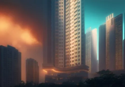 firey skyline with buildings,highrises,skyscrapers,high rises,skyscraping,the skyscraper,cybercity,Conceptual Art,Fantasy,Fantasy 02