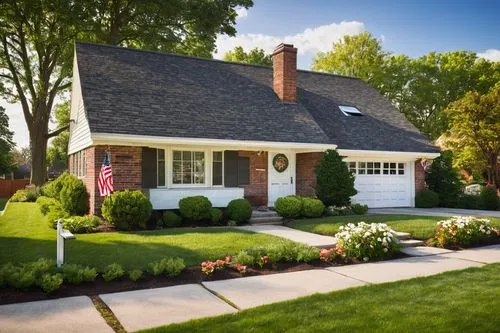 Retro 1960s house, suburban area, single-family home, brick exterior, white window frames, sloping roof, chimney, lush green lawn, vibrant flower beds, stone pathway, wooden front door, vintage mailbo