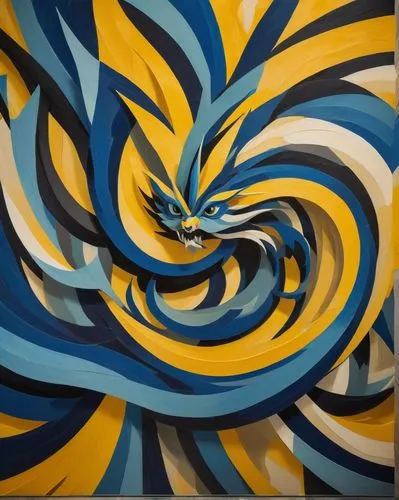 dragon swirling patterns of electric hues. fierce, with intense, glowing blue yellow and sharp, elongated features. mural  office,spiral art,kinetic art,spiral background,whirlpool pattern,spinart,swi