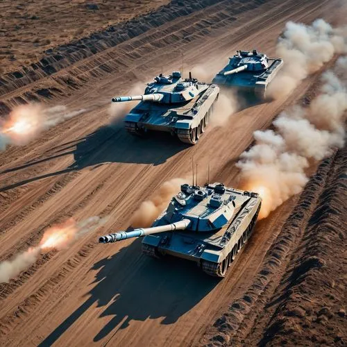 recon view of battle between tron T-90 tanks firing at eachother, red and blue color of tanks, DRONE view, no error, precise realistic body of tanks and weapons, long tank cannon,m1a2 abrams,m1a1 abra