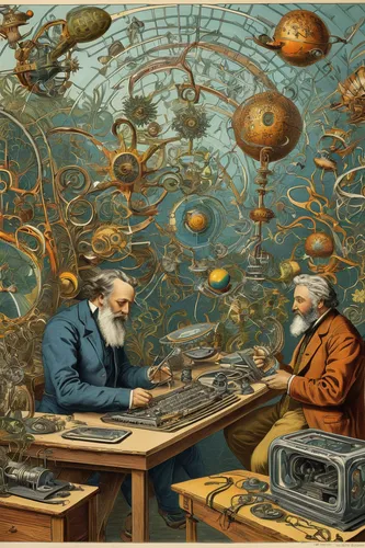 marine scientists,orrery,panopticon,fractals art,aquariums,astronomers,natural scientists,neural pathways,science education,neural network,computational thinking,copernican world system,school of fish,sci fiction illustration,researchers,science-fiction,examining,watchmaker,telecommunications,theoretician physician,Illustration,Retro,Retro 24