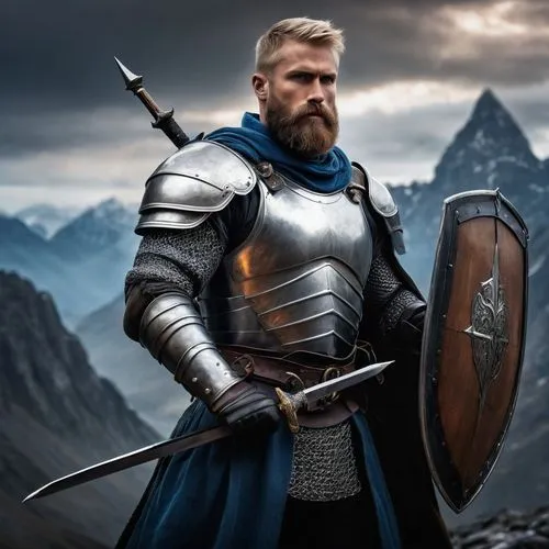 Fantasy, heroic, muscular male warrior, solo, (35yo), short blonde hair, blue eyes, scar above left eyebrow, rugged beard, silver armor, leather gloves, broadsword on back, shield with emblem, standin