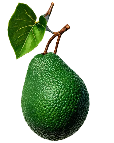 Avocado fruit, green skin, creamy interior, rounded shape, leafy stem, solo, still life, warm natural light, shallow depth of field, soft focus, 3/4 composition, vibrant color tone, realistic texture.