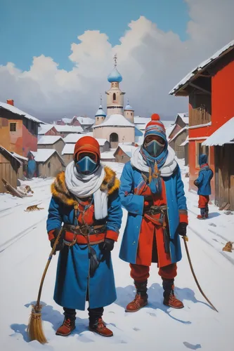 monks,cossacks,winter festival,korean village snow,north pole,gnome skiing,nomads,mongolian,khokhloma painting,pilgrims,gnome ice skating,skiers,siberia,mongolia,winter village,nunatak,eskimo,digital nomads,inner mongolia,avalanche protection,Illustration,Realistic Fantasy,Realistic Fantasy 24