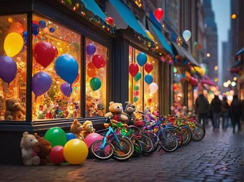 colorful balloons,rainbow color balloons,candy store,colorful city,corner balloons,candy shop,toy store,new year balloons,party bike,bicycles,shopping street,balloons,baloons,bike colors,store fronts,colorful bunting,artistic cycling,candies,shopwindow,bicycle lighting,Conceptual Art,Oil color,Oil Color 03