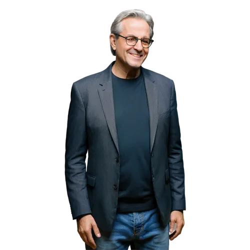 Mature man, father figure, gentle smile, wrinkles around eyes, grey hair, glasses, casual wear, standing pose, hands in pockets, warm lighting, soft focus, shallow depth of field, 3/4 composition, rea