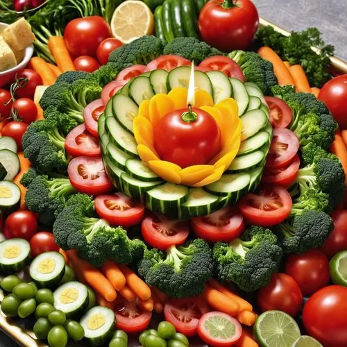 birthday vegetable trays,a salad is displayed on a platter with many fresh fruits and vegetables,verduras,colorful vegetables,salad plate,salad platter,vegetable salad,vegetable basket,Photography,Gen