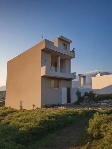 the building is next to the water and hills,quivira,dunes house,siza,la graciosa,cortijo,pantelleria,Photography,General,Realistic