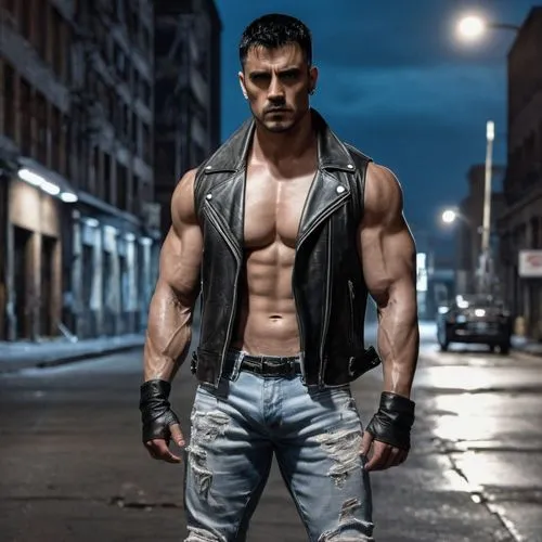 Muscular man, unfather, 35yo, strong facial features, short black hair, thick eyebrows, rough skin, silver earring, leather jacket, white tank top, ripped blue jeans, heavy boots, standing, city stree