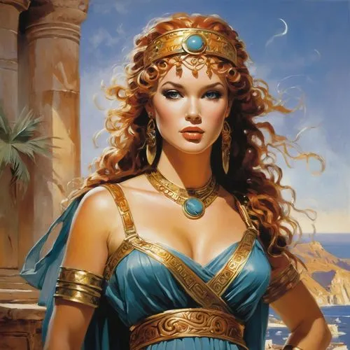 cleopatra,artemisia,cybele,athena,fantasy woman,aphrodite,heroic fantasy,fantasy portrait,fantasy art,priestess,callisto,sorceress,goddess of justice,celtic queen,thracian,ancient egyptian girl,zodiac sign libra,lycaenid,fantasy picture,elaeis,Conceptual Art,Oil color,Oil Color 09