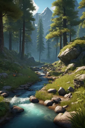 mountain stream,mountain spring,coniferous forest,salt meadow landscape,mountain river,streams,flowing creek,forest landscape,river pines,temperate coniferous forest,the brook,clear stream,forest background,river landscape,mountain valley,green valley,forests,riparian forest,upper water,idyllic,Illustration,Retro,Retro 17