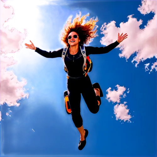 Free falling person, skydiver, solo, (adult), dynamic pose, arms outstretched, legs bent, facial expression of excitement, wind-blown hair, sporty sunglasses, blue sky background, fluffy white clouds,