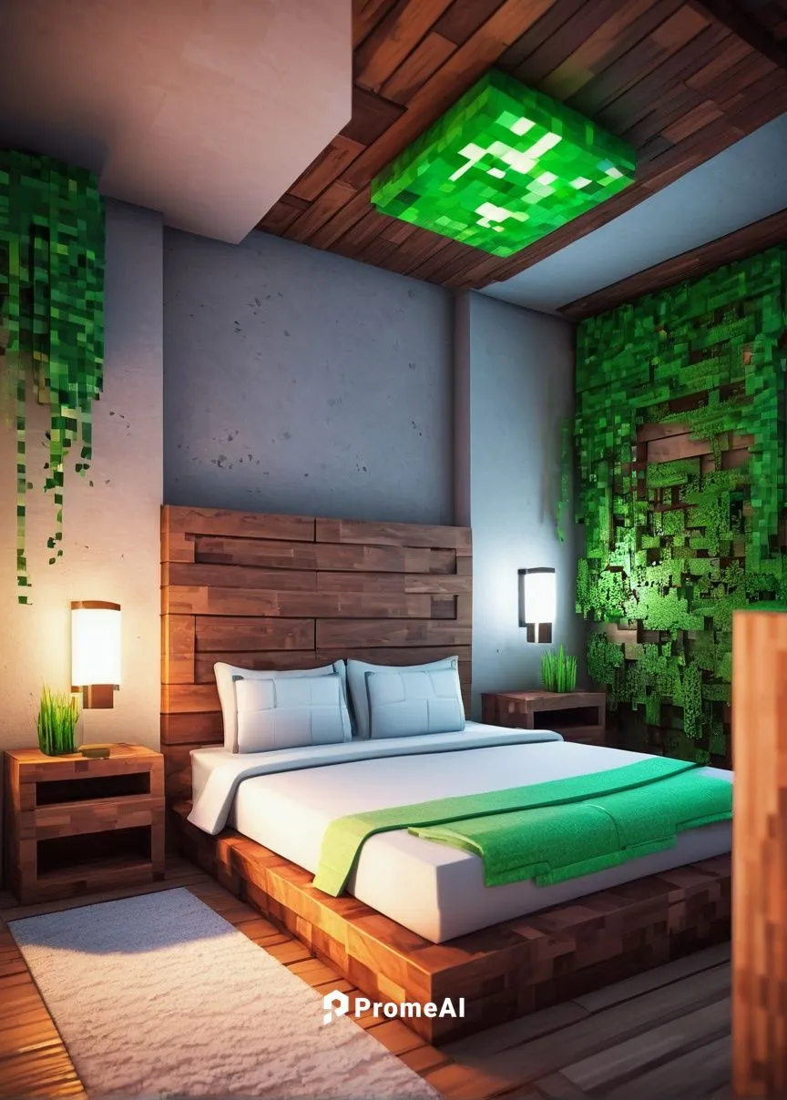 Cozy bedroom, Minecraft style, blocky texture, wooden planks, stone walls, glowing lanterns, comfy bed with crimson sheets, fluffy white pillows, wooden chest at foot of bed, open door revealing a sec