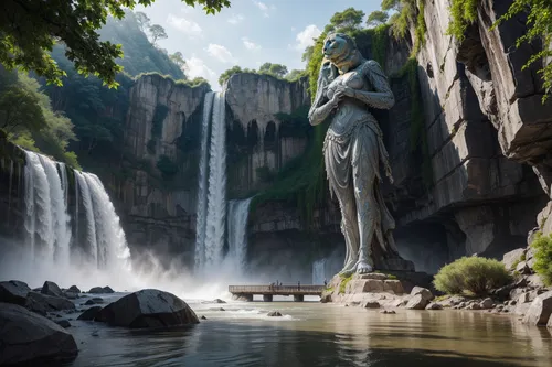 ancient stone cat head looking to the left,mother earth statue,erawan waterfall national park,water nymph,wasserfall,tiber riven,bridal veil fall,bridal veil,water fall,pallas athene fountain,woman at