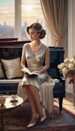 vettriano,art deco woman,pianist,netrebko,scherfig,blonde woman reading a newspaper,heatherley,rosalyn,bedelia,adaline,mitford,dressmaker,queenie,piano player,chairwoman,compositing,upholsterer,pearl necklace,blue jasmine,downton,Illustration,Realistic Fantasy,Realistic Fantasy 23